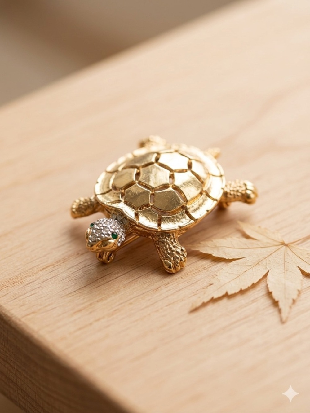 Vintage-Style Gold Tone Turtle Brooch with Rhinestones and Emerald Green Eyes